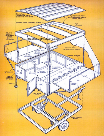 Exploded view of tent trailer built on a bolt together chassis construction with dimensions.