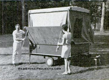 Swing out bed flaps at each end and  attach the tubes that brace these against the camper body. Shakes folds out of the tent fabric.