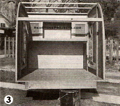 3. View looking aft, before roof is installed. Showing dresser with two side compartments. A mirror is to be set against the middle panel in back.