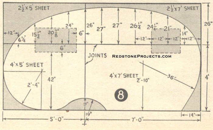 Fig. 8. Layout of plywood sheets used to form wall. Dimensions are shown for all curved edges and also openings. The door is cut 25 x 5' 5 1/2 high, on right wall only.