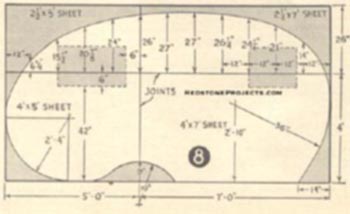 Fig. 8. Layout of plywood sheets used to form wall. Dimensions are shown for all curved edges and also openings. The door is cut 25 x 5' 5 1/2 high, on right wall only.