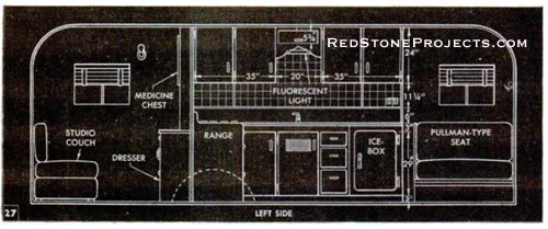 Left side elevation view of a vintage 17 foot travel trailer.