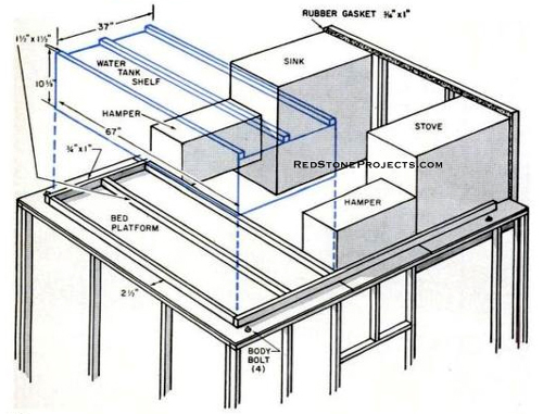 Bottom view of the cabinetry postions in a diy truck camper.
