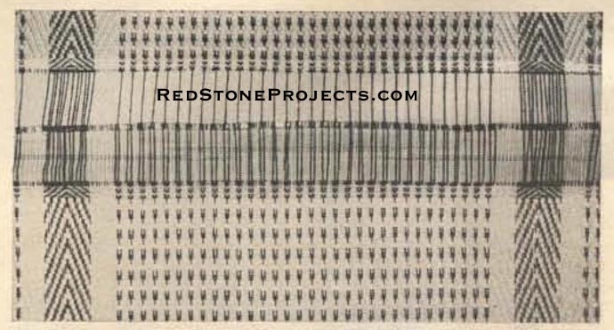 Figure 11. Two rugs joined; note weaving design, also use strips of cardboard to assure enough warp to form fringe.