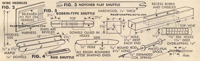 Weaving Loom Figures 2, 3, 4, and 5. Wire Heddles, Notched Flat Shuttle, Rug Shuttle, and Bobbin Type Shuttle.