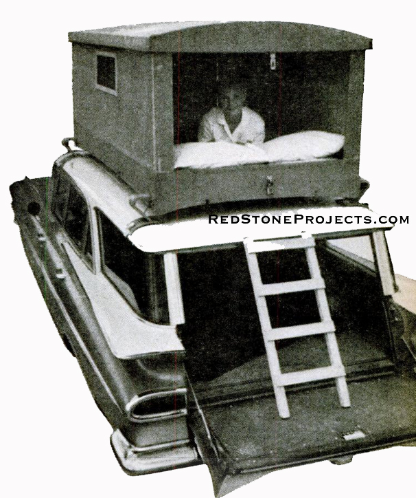 Designed to fit any make of wagon, this collapsible car-top sleeping cabin can be built for about $40.