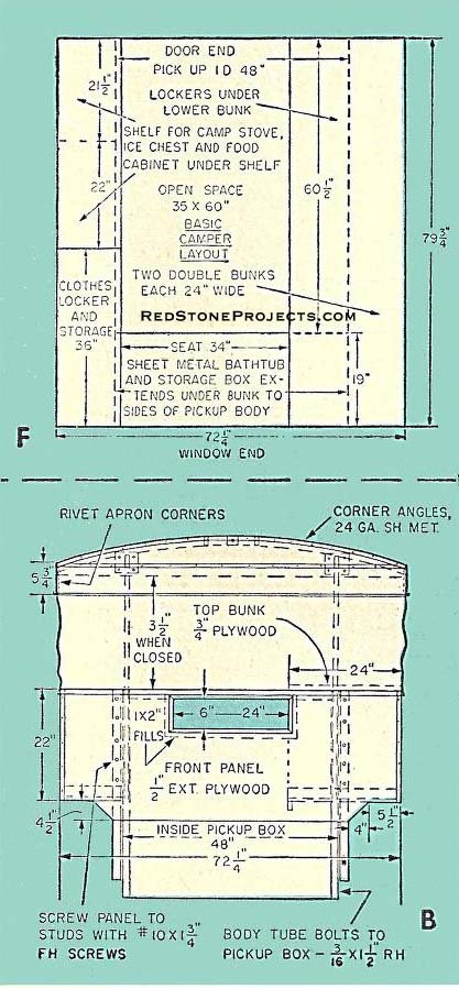 Figure 2F and 3B of plans for a truck mounted pop up camper showing details and dimensions of the front and rear construction.