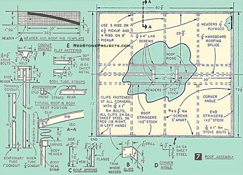 Figure 7 of the pickup truck pop up camper plans detailing the construction of the roof with dimensions.