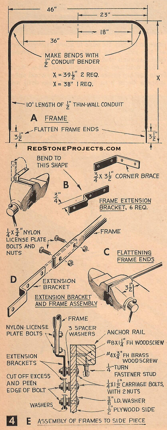 Figures 4A. - Tent Frame; B. - Frame Extension Bracket; C. - Flattening Frame Ends: D. - Extension Bracket and Frame Assembly: E. - Assembly of Frames to Side Piece