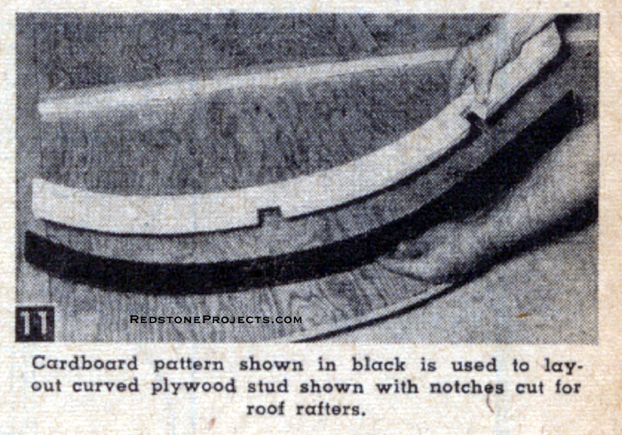 Cardboard pattern shown in black is used to layout  curved plywood stud shown with notches cut for trailer roof rafters.
