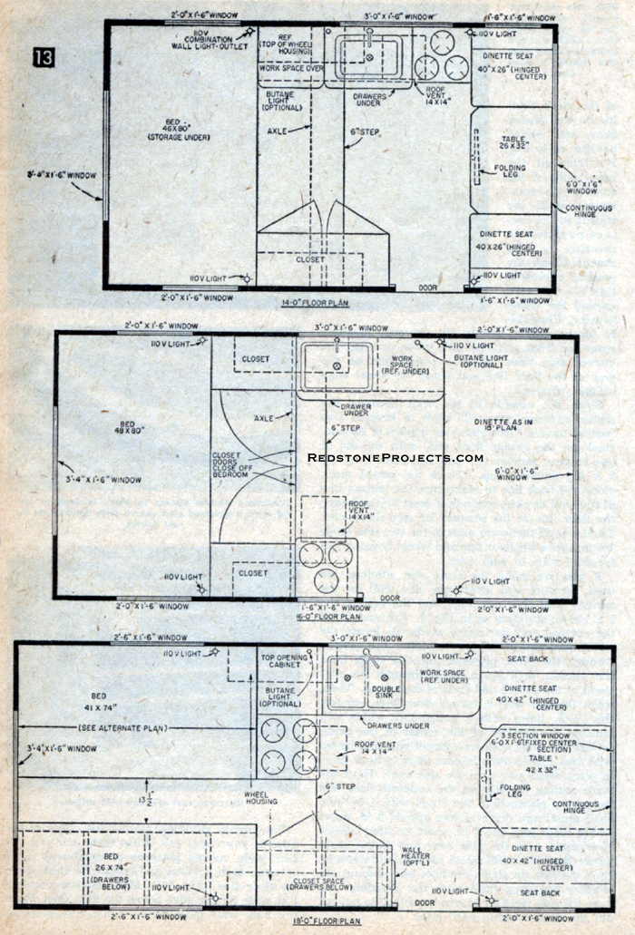 Roamabout trailer floor plans for 14 foot, 16 foot and 18 foot models.