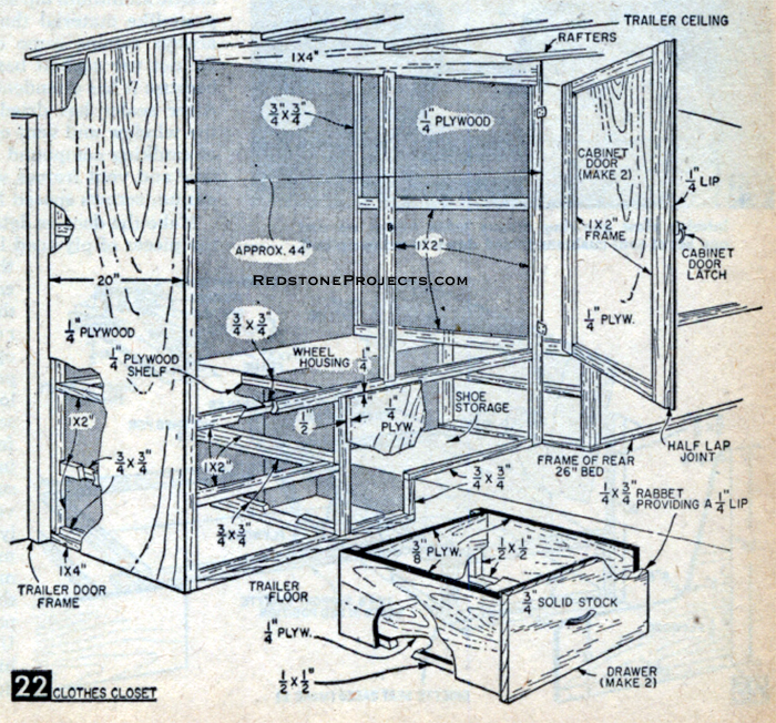 Plan with details for the clothes closet of the travel trailer.