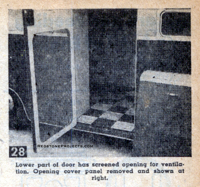 Lower part of trailer door with screened opening for  ventilation. Opening cover panel removed and shown at right.