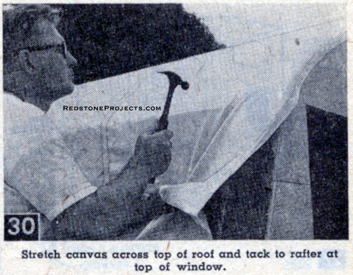 Stretching the  canvas across top of the trailer roof and tacking to rafter at the top of the window.