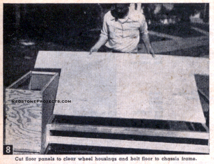 Cut floor panels to clear trailer wheel housings and bolt floor chassis frame.
