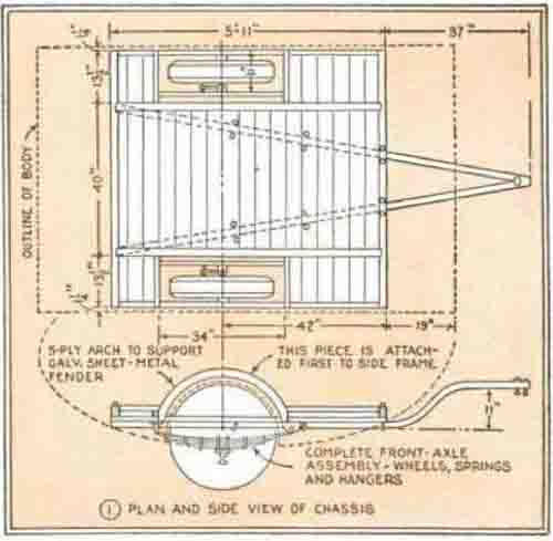 Plan and side view of a teardrop trailer chassis.