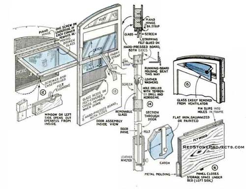 Mutli-view, illustrated plans for the construction of a teardrop trailer door with opening mindow and  locking mechanism.