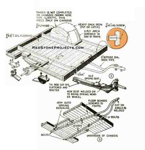 Illustration of the construction of a teardrop trailer chassis with details of the suspension and running gear.