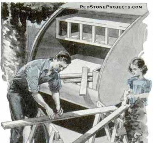 Illustration of a man and a youg girl working near the back of a teardrop trailer before the rear hatch is installed.