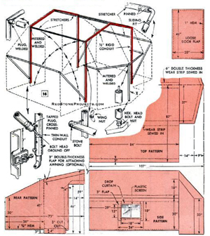 Tent trailer folding frame details and tent pattern with dimensions.