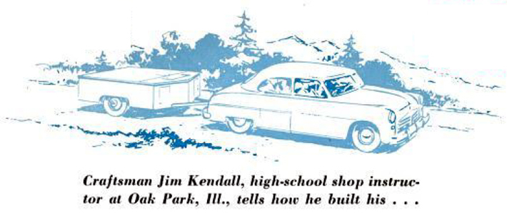 Illustration of vintage car pulling a home built folding tent trailer.