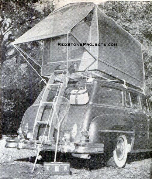 Ladder leading to entrance has curved stiles to fit over car trunk. Ladder is hinged to car bumper.