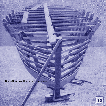 Figure 13. A plank, extending the full length of the boat and clamped to temporary tie bars, will help keep the frames in proper alignment when installing the battens and planks.