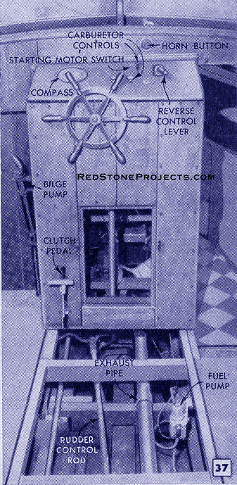 Figure 37. Shows the Sea Craft's controls, fuel pump and rudder control rod.