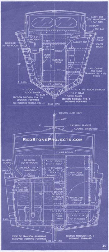 Figure 43. Blueprint for cabin cruiser showing a view of the transom, with planking removed, looking forward and a view of section through Station 9 looking forward.