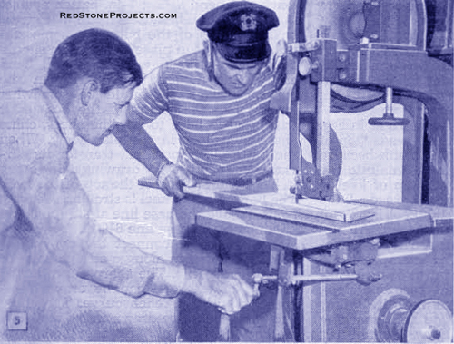 Figure 5. Angles of saw cuts marked boat ribs (Figure 6.) are called off by the bandsaw operator as a helper tilts the table accordingly.