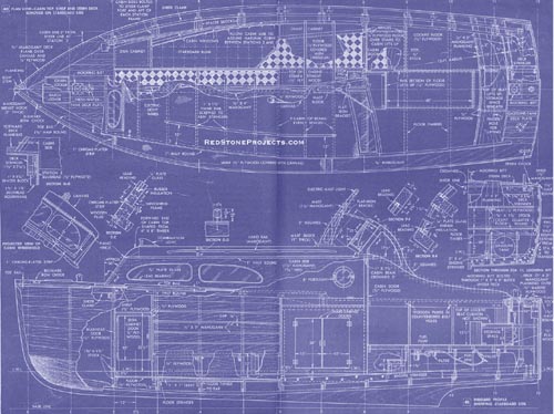 Figures 40 and 41. Cabin cruise blueprint show both plan and elevation views and detailing the boat's constructiion.