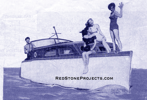 Picture of three women on the forward deck of a DIY cabin cruiser with a sailor at the helm in the open cockpit.