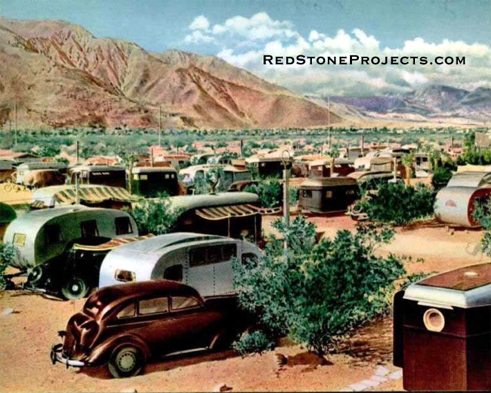 Company is what the modern trailer traveler will have almost any place he goes, for there are about 300,000 rolling homes on the road. Here is an attractive camp in a scenic spot. Note the various forms that trailer construction has taken.