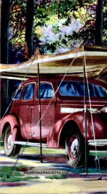 Illustration of a vintage car with a camping awning set up.