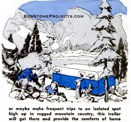 Illustration of a vintage travel trailer on a lake in the mountains.