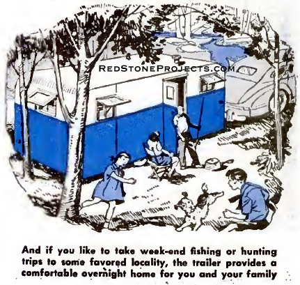 Illustration of a vintage travel trailer on the bank a forest stream.
