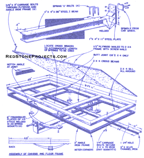 Detailed construction plans for a vintage trailer's frame and floor,