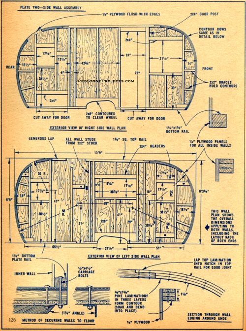 Sheet of plans and details showing the sidewall wood frame dimensions and construction details of a vintage canned ham camping trailer.