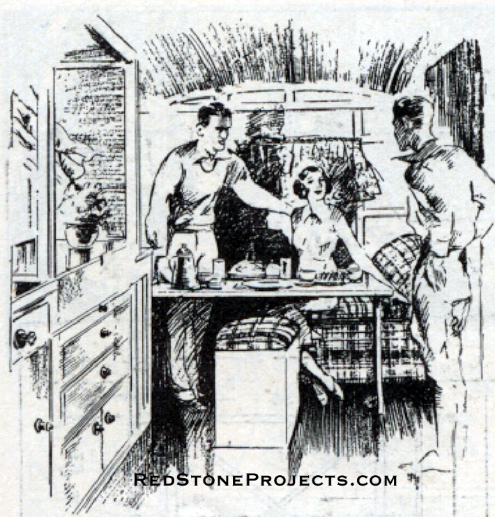 Drawing of a family having dinner in a vintage travl trailer.
