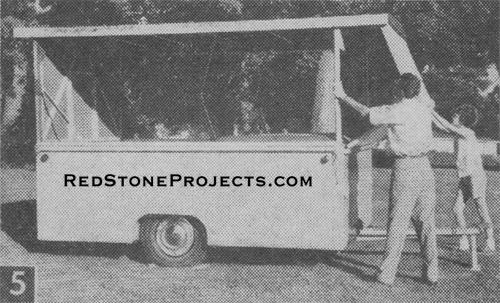 Vintage 1960 camping trailer with slide out Figure 5. Raise this end of the roof and hold it there by pushing up on the hinged end panels while you swing up the roof support.