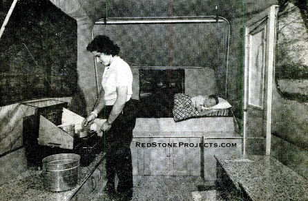 Roominess and brightness of the trailer interior stems from the out-of-the-way bunks and windows on all four sides. Cabinet tops provide work surfaces and seats.