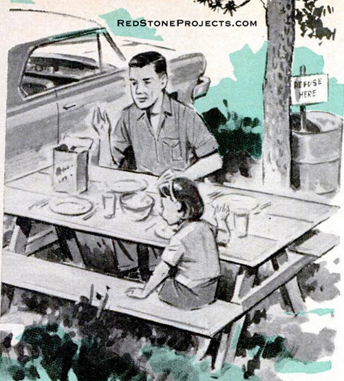 Father and daughter at roadside rest picnic table