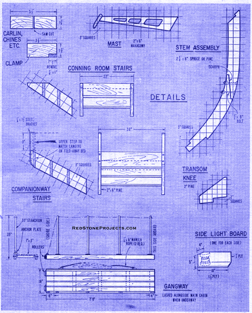 Shanty boat structual member details and dimensions.