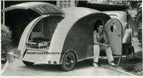 Photo of the completed Runlite vintage travel trailer showing the open rear galley as built by the author.