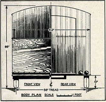 Vintage camper trailer plans showing the front and rear elevation view with dimensions.