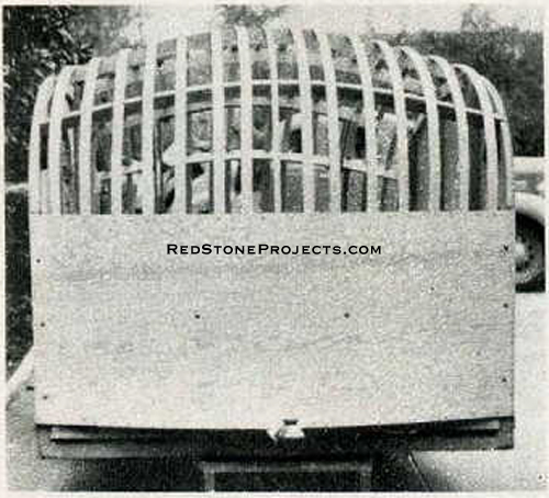 Front view of the travel trailer body ready for roof covering.