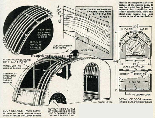Detailed drawing showing the construction a vintage trailer roof frame, rear galley hatch and  exterior side door.
