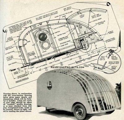 Drawing and picture of wall, ceiling and door construction details for a mini travel trailer.