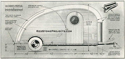 Exterior profile plan and dimensions of a vintage lightweight DIY camping trailer.