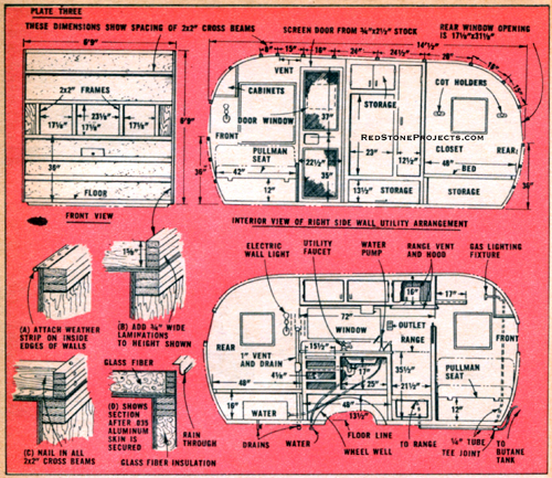 Sheet of plans with dimensions showing the size and location of the door, interior cabinets and seating as well as insulation details for a canned ham trailer.